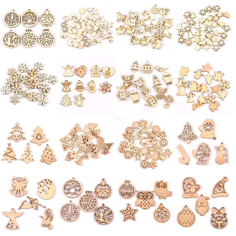 DIY Natural Wooden Chip Christmas Tree Hanging Ornaments Pendant Kids Gifts Snowman Xmas Ornaments Decorations mt2521