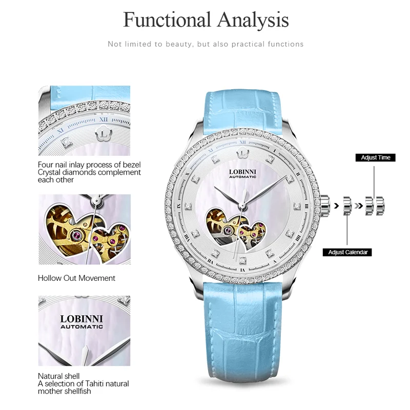 LOBINNI Fashion diamond Design Lady Clock Elegant Women Waterproof Watches Leather Strap Automatic Mechanical Watch