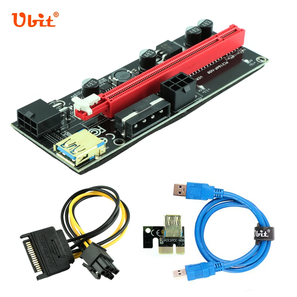 

Ubit PCI-E Riser Adapter Card VER009S Express X1 to 16X Dual 6pin Sata Power Cable USB3.0 LED Graphics Expansion Ethereum Mining