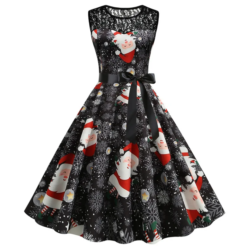 Sleeveless Women Christmas Dress Vintage Elegant Print Big Swing Lace Party Sundress Xmas New Year Winter Clothes Costume