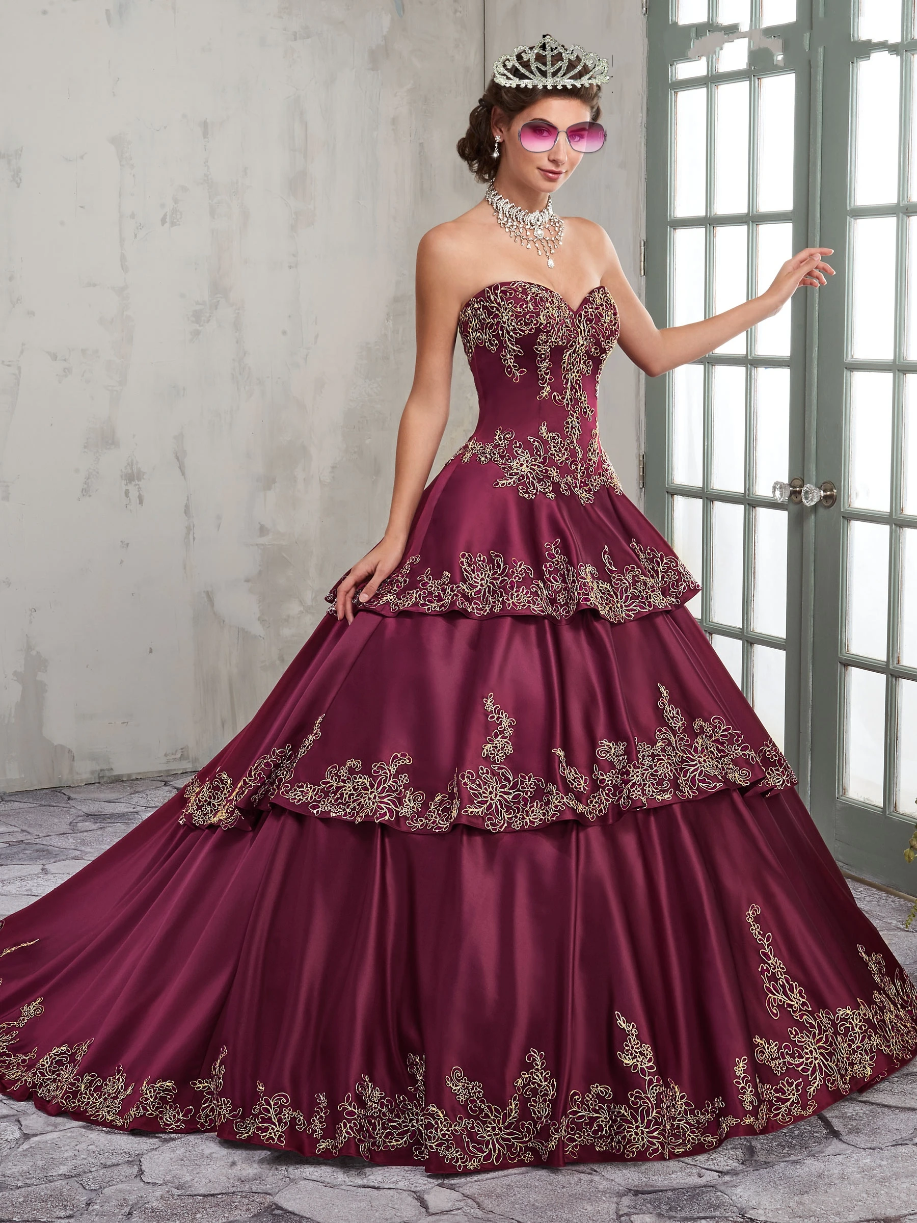 Vestidos de quinceañera Burdeos para fiesta de graduación, vestido de baile de encaje con hombros descubiertos, apliques, vestido de quinceañera de satén Vintage de talla grande