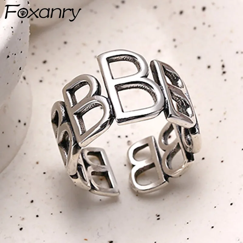 Foxanry Silver Color Engagement Rings New Fashion Creative Hollow Letter B Thai Silver Birthday Party Jewelry Gifts