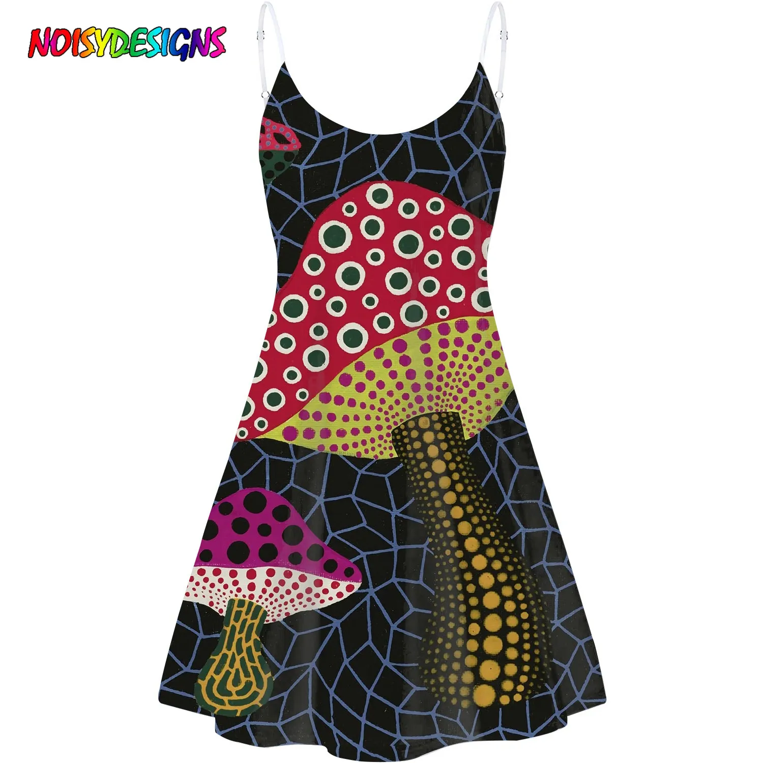 

NOISYDESIGNS 2021 Women Mushroom Print Sling Dress Ladies Summer Fashion Sleeveless Sexy V-neck Dress Party Shopping Daily Wear