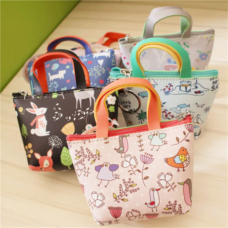 Korean Style Cartoon Floral Mini Handbags Cute Coin Purses with Key Ring PU Leather Zipper Change Wallets Fashion Creative Bags