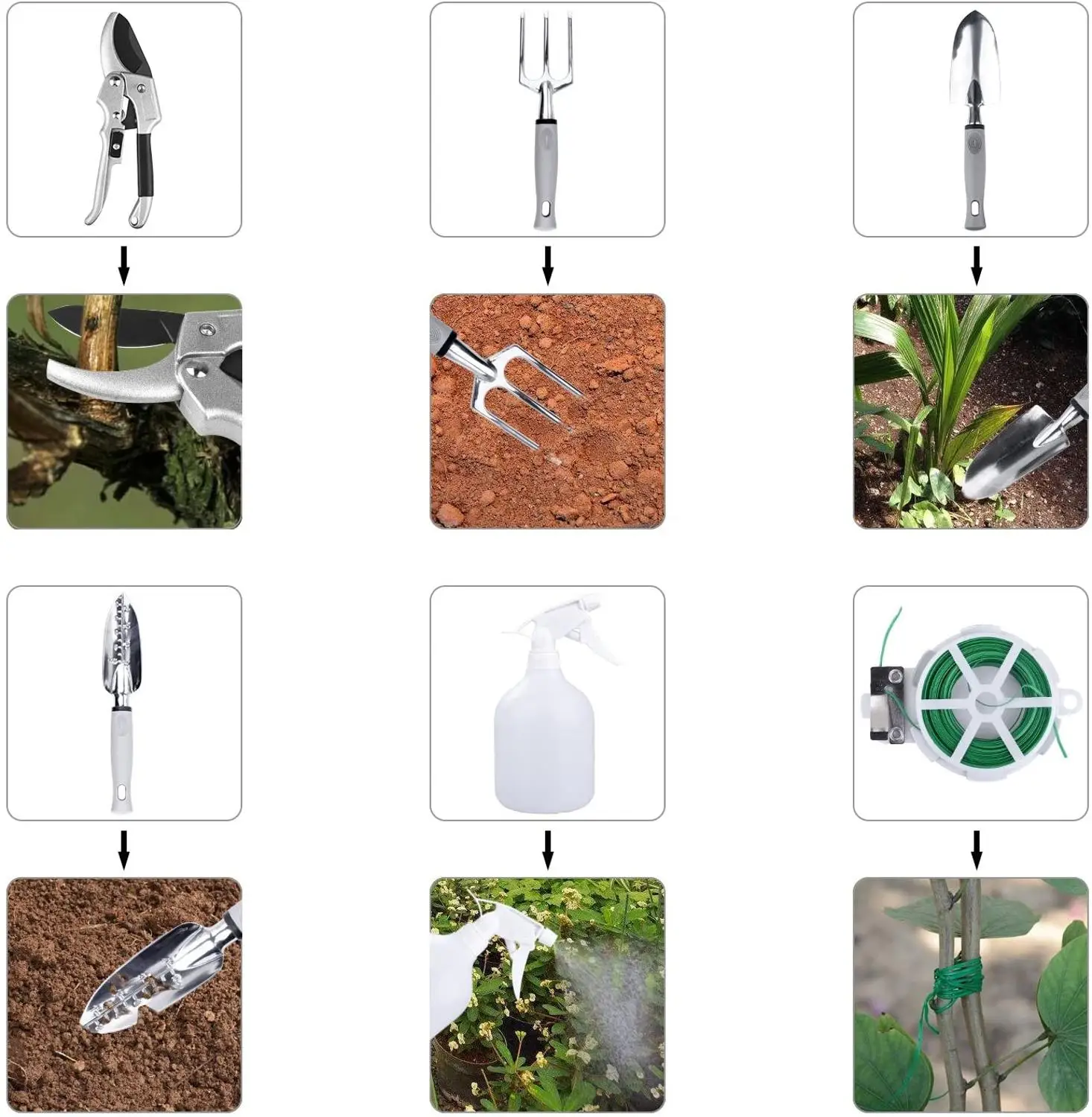 SuperBud Garden Tool Set 10Pcs Stainless Steel Kits: Shovel Fork Rake Weeder Gloves Storage Bag Pruner Water Sprayer Plant Tie