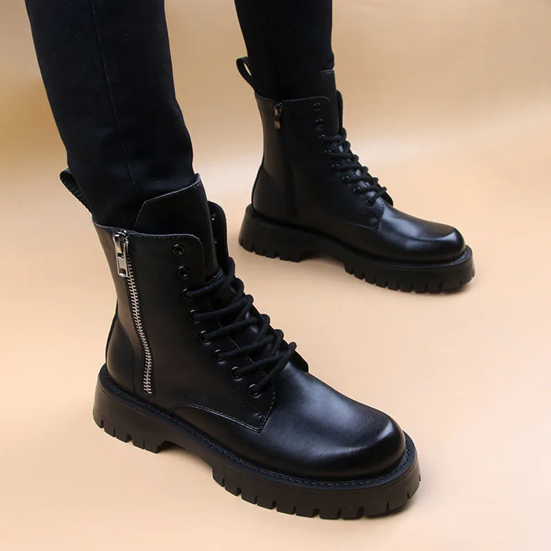 Korean style men\'s fashion platform boots tide genuine leather shoes black white cowboy boot handsome spring autumn ankle botas