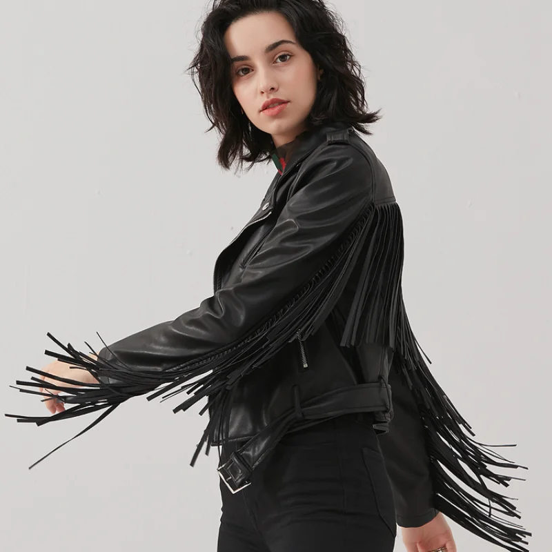 2024 Autumn New Leather Fringed Jacket Women\'s Tassel Spring PU Leather Coat Short Slim Waist Motorcycle Fashion Fringed Jacket