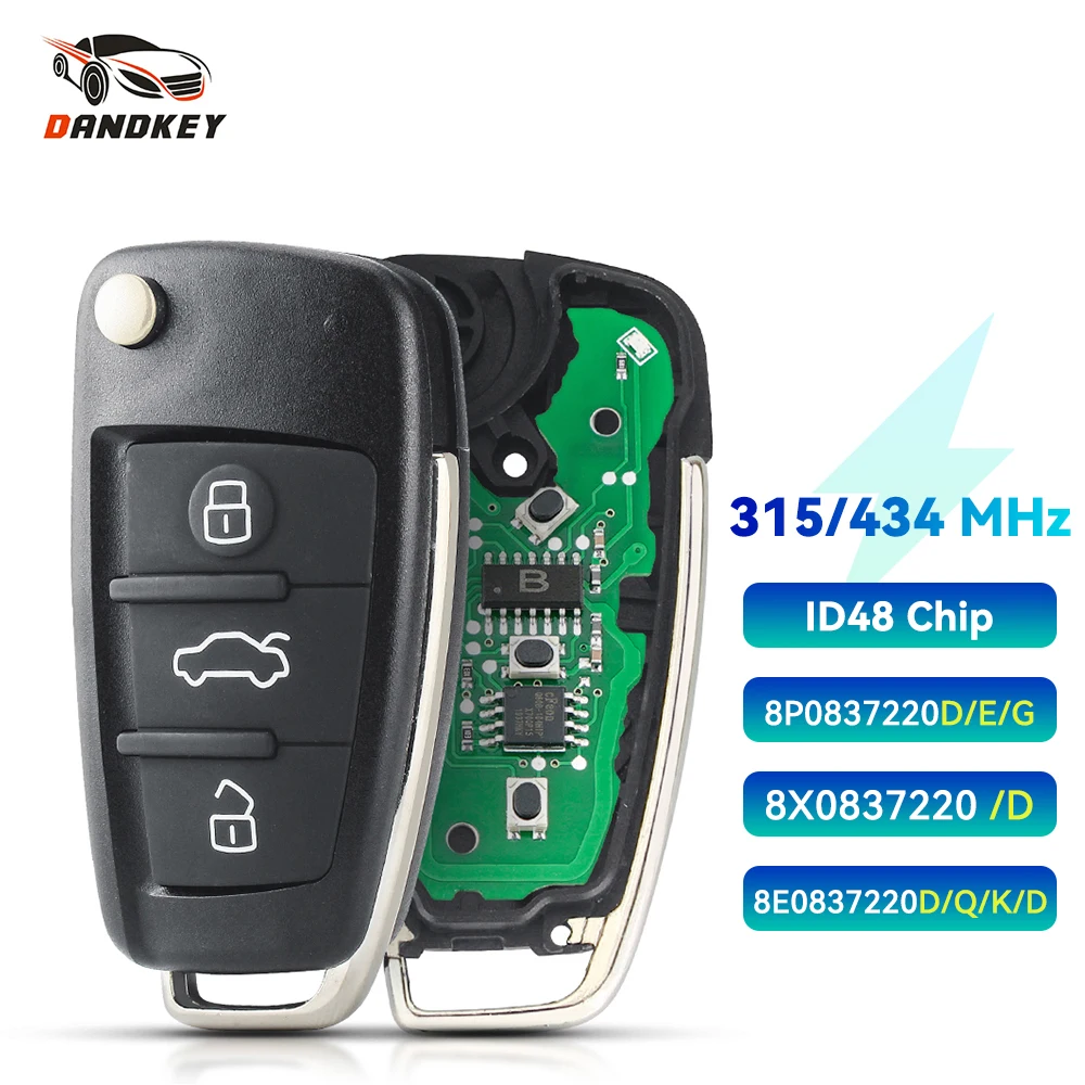 

Dandkey 3 Button Flip Remote Car Key 315/433MHz Fob For AUDI A2 A3 S4 Cabrio Quattro Avant 2005-2008 48 Chip 8P0 837 220 Q K D