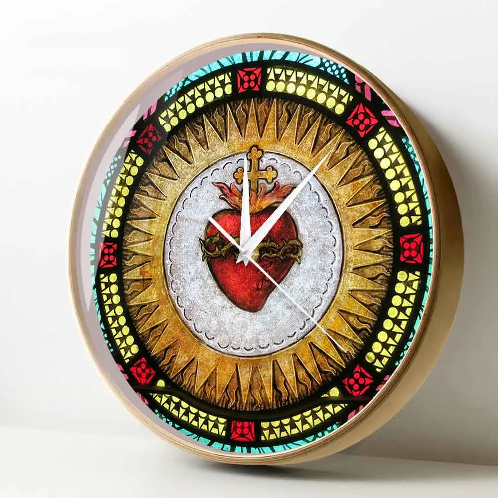 Sacred Heart Silent Non Ticking Wall Clock For Catholic Church Prayer Cross Crown Of Thorns Roses Jesus Christ Home Decor Clock