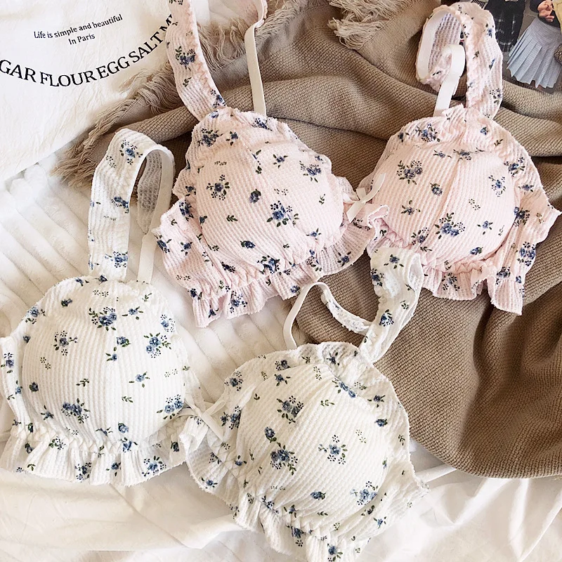 

Pastoral floral small fresh waffle cotton lingerie sets no steel ring girls bra briefs set with thin underwear bralette