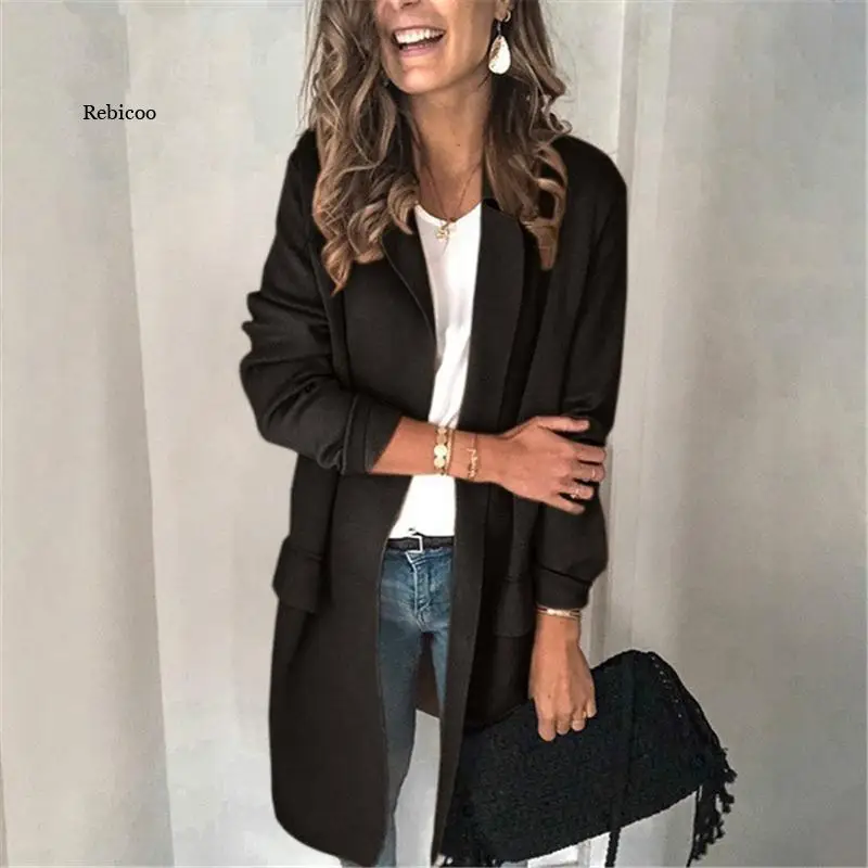 Casual Long Sleeve Elegant Office Ladies Notched Collar Solid Oversized Women Blazer Autumn Jacket 2021 Pockets Female Suit Coat