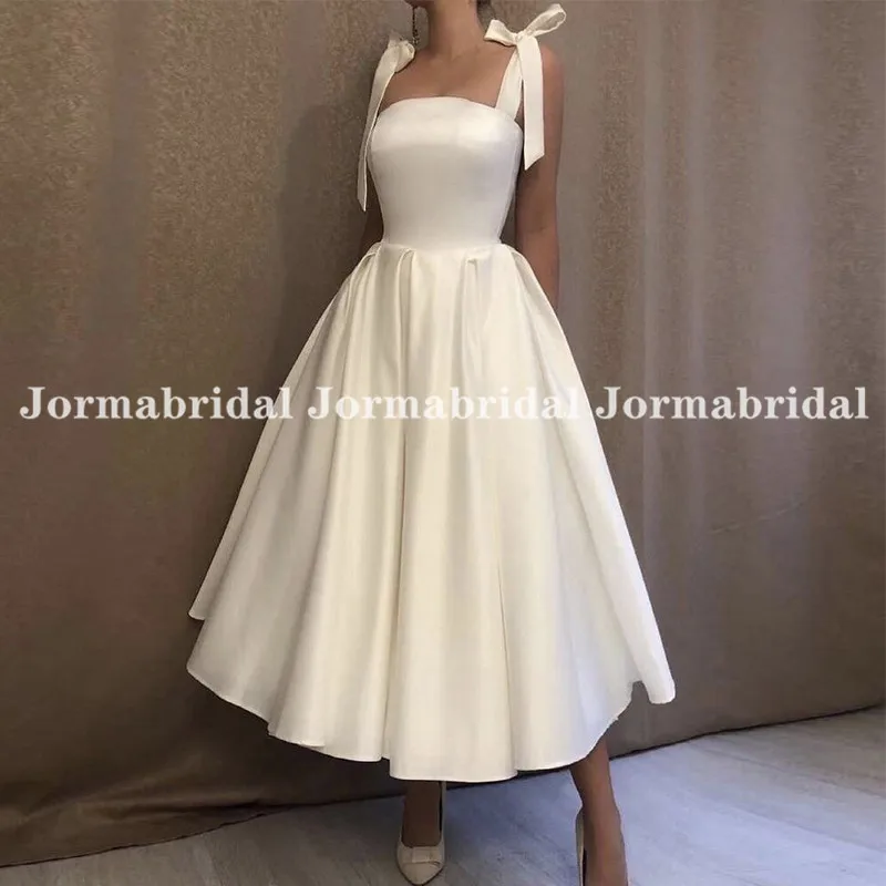 Ivory Tie Straps Midi Wedding Dresses Tea Length Summer Beach Bridal Gowns for Women Simple Satin Mid-Calf Wedding Party Dress