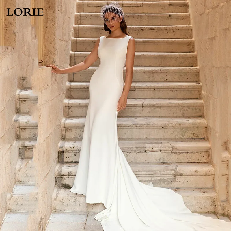 

LORIE Ivory Mermaid Wedding Dress Sleeve Lace Boho Bridal Gown Sexy Open Back Soft Satin Wedding Gowns 2022
