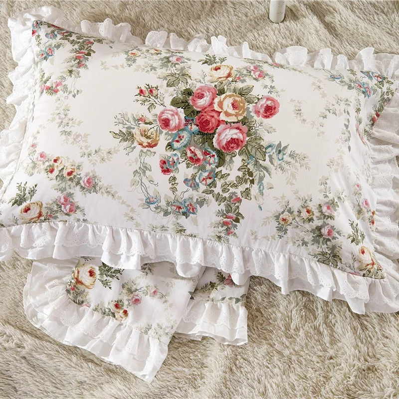 Ensemble de housse de couette à volants imprimé fleurs, literie princesse, couette 100% coton, couette, housse de athlon, taies d'oreiller, maison MER