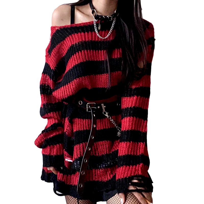 Plus Size Punk Gothic Long Unisex Sweater Dress Women Man Striped Cool Hollow Out Hole Broken Jumper Loose Rock Thin Sweter 2022