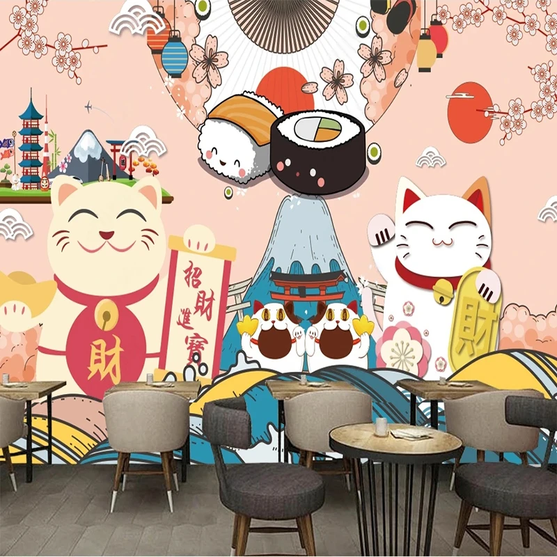 Custom Any Size 3D Photo Wallpaper Japanese Style Sushi Beckoning Cat For Food Restaurant Background Wall Papel De Parede Tapety