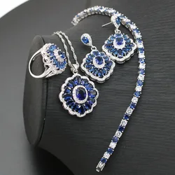 XUTAAYI Luxury Jewelry Earrings Silver Wedding Jewelry Sets For Women Blue Bracelet Rings Bridal Pendant Necklace Set