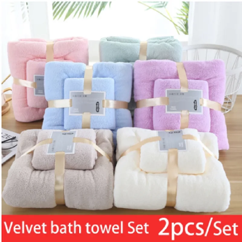 2PCS Oversize Coral Velvet Bath Towel Set For Adult Soft Absorbent Face Towel Fashion Letter Embroidery Household Bathroom Towel