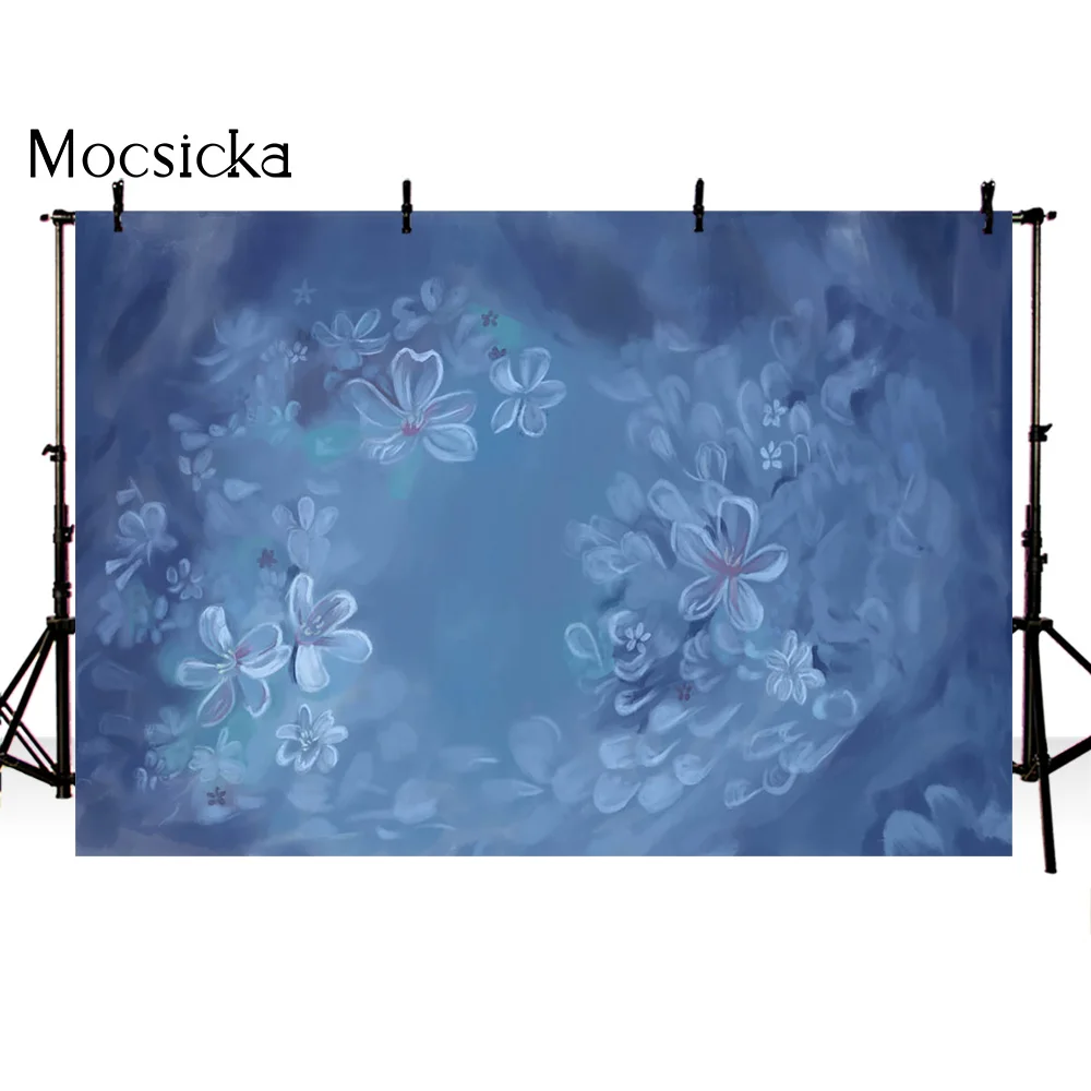 Abstract Texture Blue Floral Photo Background White Flowers Backdrop for Photography Studio Children Portrait Photo Booth Prop