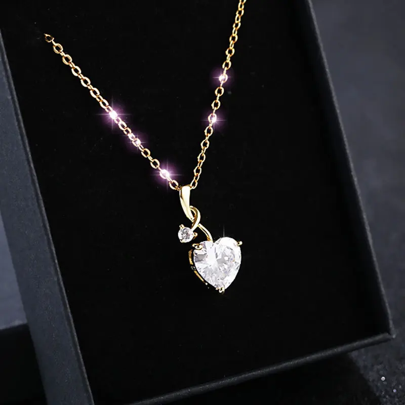 Solid Micro-Inlaid Zircon Fashion Jewelry Pendant Necklace Heart Clavicle Chain Gold Silver Color Summer Bizuteria Damska