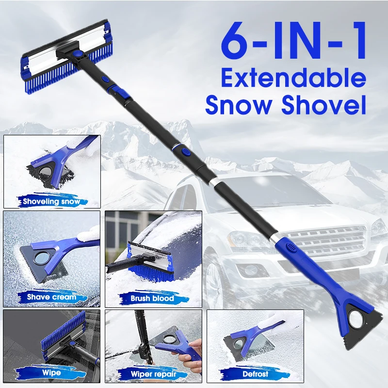 6-in-1 Extendable Snow Shovel Ice Scraper Snow Removal Brush Car Windshield Cleaner Frost Winter Car Exterior Cleaning Tool