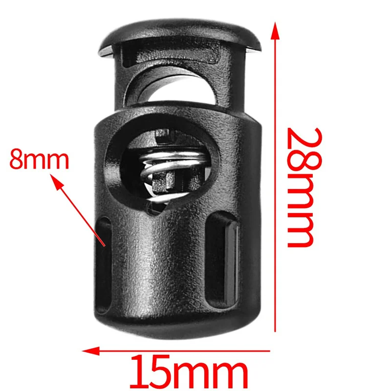 50 pçs/lote plástico preto cabo de bloqueio primavera fecho parar único furo cordão rolha toggles para paracord peças corda vestuário