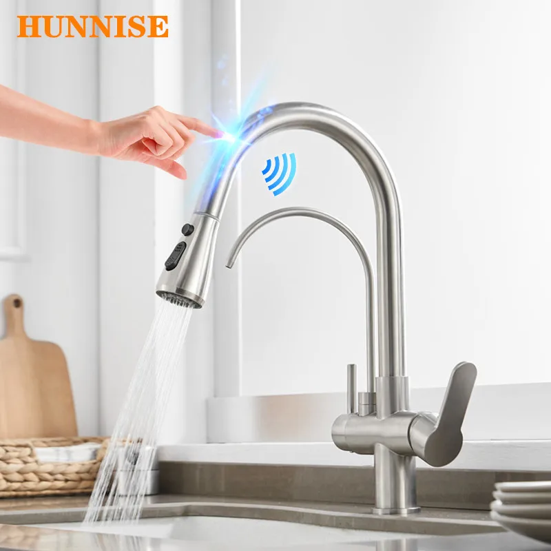 Touch Kitchen Faucet Three Way Filter Kitchen Sink Faucets Dual Handle Pull Out Kitchen Mixer Tap Smart Touch Filter Kitchen Tap