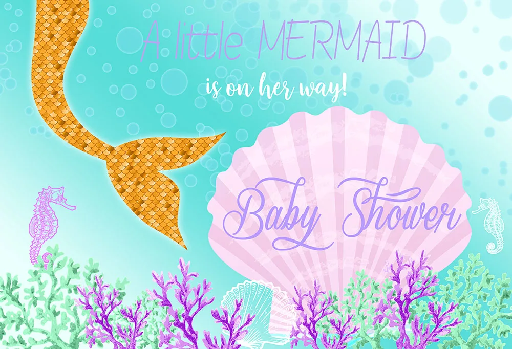 Mocsicka Mermaid Themed Baby Shower Photography Backdrop Underwater Newborn Green Color Background Shell Seaweed Seahorse Pearl