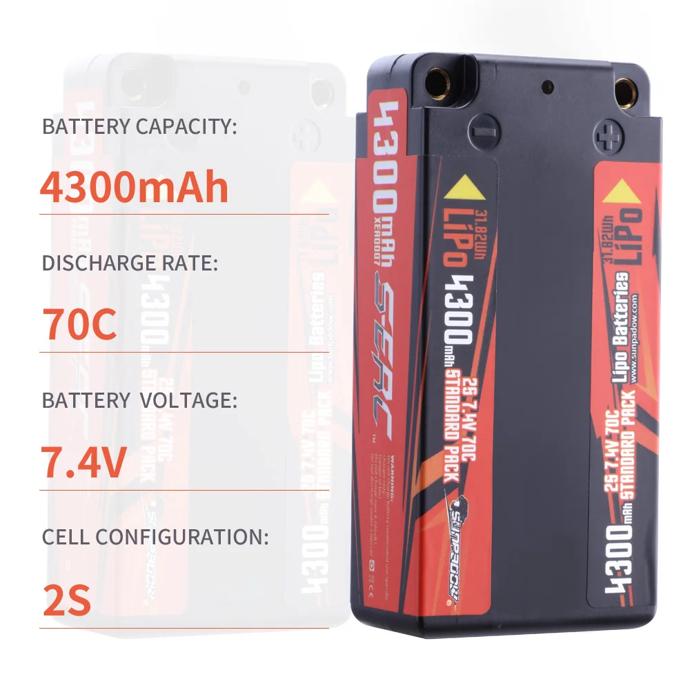 Sunpadow 2S 4300mAh Lipo Battery 7.4V 70C Shorty Hard Case with 4mm Bullet for RC 1/8 1/10 Scale Car Truck Vehicle Tank Buggy