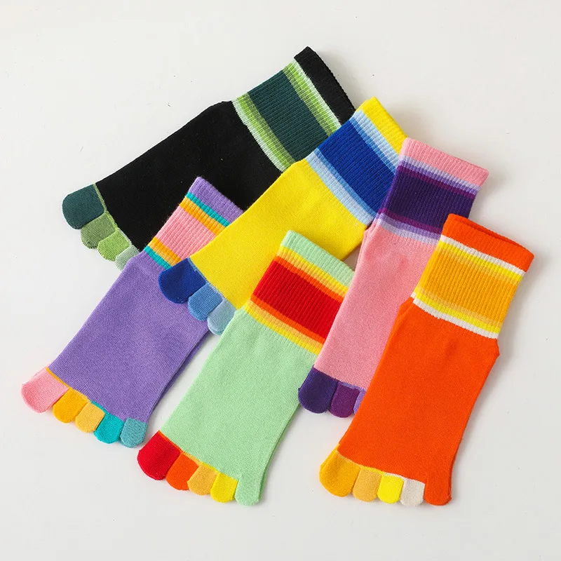 5 Pairs Kids Rainbow Cotton Toe Happy Socks Bright Color Fashion Striped Five Finger Socks for Baby Boys Girls 2-5-10Y Children