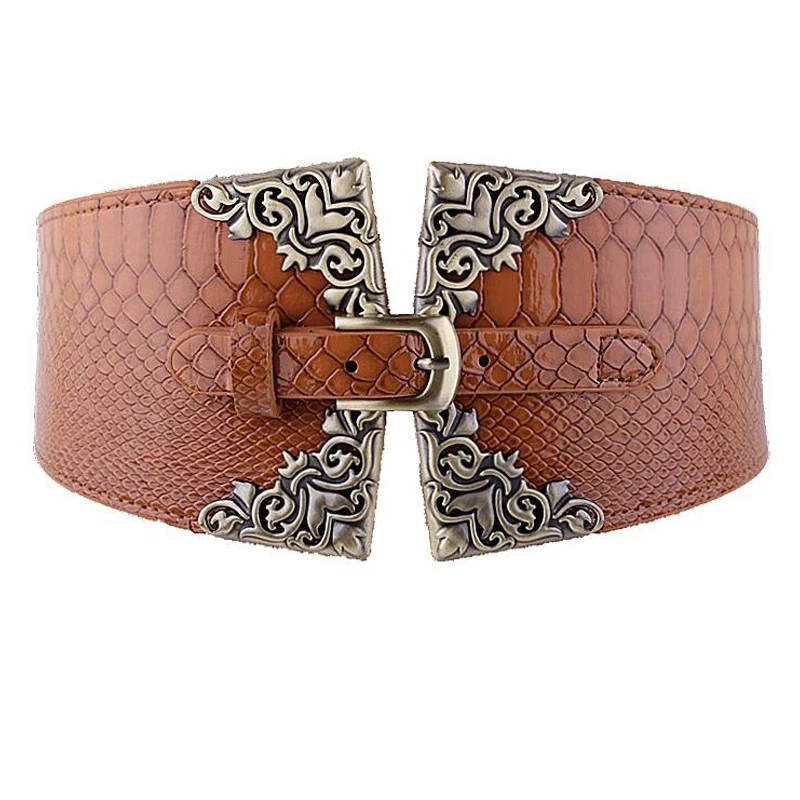 Women Elastic Buckle Wide Belt Vintage Totem Print Stretch Leather Waist Belt For Dress Corset Cinch Waistband