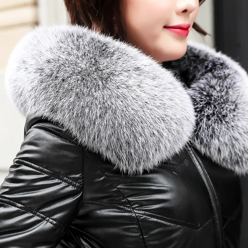 High Quality Sheep Leather Down Coat Winter Big Fox Fur Collar Hooded Jacket 2023 New Female Plus Size Thicken Warm X-Long Coat