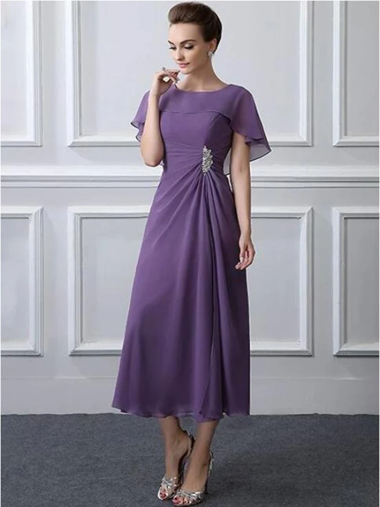 2022 New Latest Affordable Purple Tea Length Chiffon Mother of the Bride Dresses Jewel Neckline Wedding of Groom Gowns Beaded