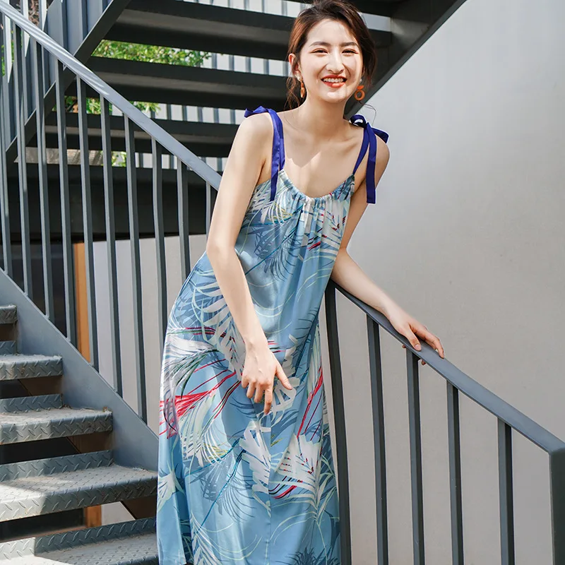 S033 Summer pajamas women's sling nightdress print long nightgown