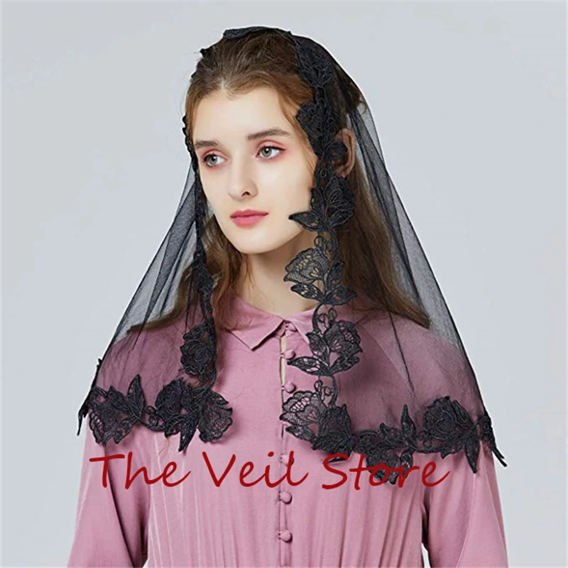 Vrouwen Kleine Mantilla Sluiers Voor Kerk Hoofd Die Tulle Rose Applicaties Katholieke Kapel Met Kleine Clips Traditie Veils