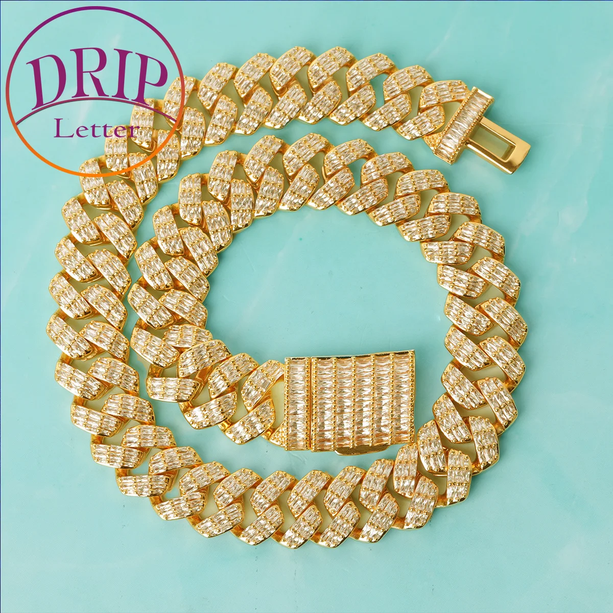 

Drip Letter Baguette Cuban Link Chain Real Gold Plated Solid Back Necklace Charms for Men Hip Hop Jewelry Christmas Gift