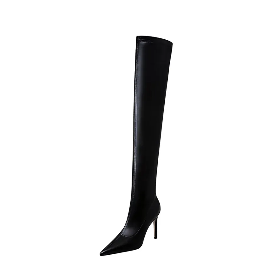 Concise Soft PU Leather Women Long Boots 2024 Autumn Winter Pointed High Heels Ladies Over the Knee Boots Black Plus Size 34-43