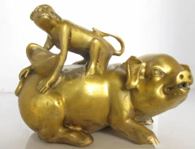 

5.1" Collect Chinese Bronze Gild Zodiac Animal Pig Monkey Wealth Yuanbao Statue