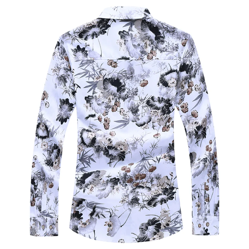 Single Breasted White Printed Long Sleeve Shirt Men's Business Casual Shirts Large Size Camisa Masculina Chemise S-5XL 6XL 7XL