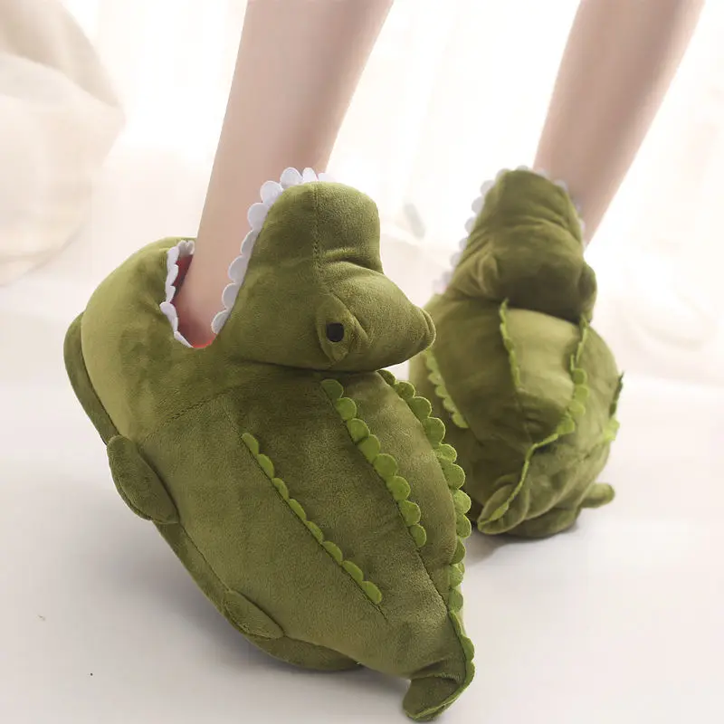 Chunky Fuzzy Crocodile Home Cotton Shoes for Women Slip On Cartoon Anime Plush Slippers Plus Size 35-43 Womens Green Loafers