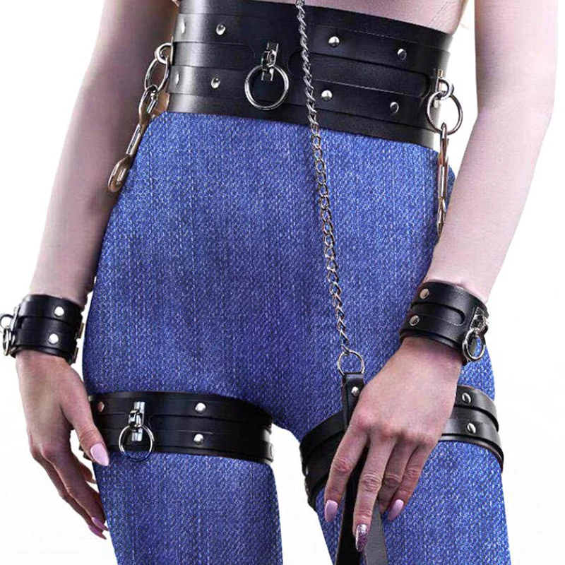 

Sexy Women Leather Goth Leg Garter Body Strap Harness Belt Body Waist Bondage thigh Leg Cage Erotic Suspender Wide Waist Belt