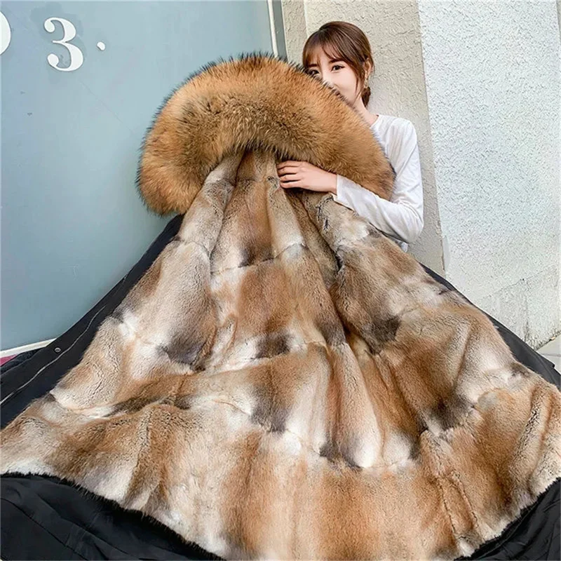 2021 New Parka Winter Coat Women One-Piece Detachable Liner Female Green Root Carved Fox Fur Imitation Fur Coat Hooded Black