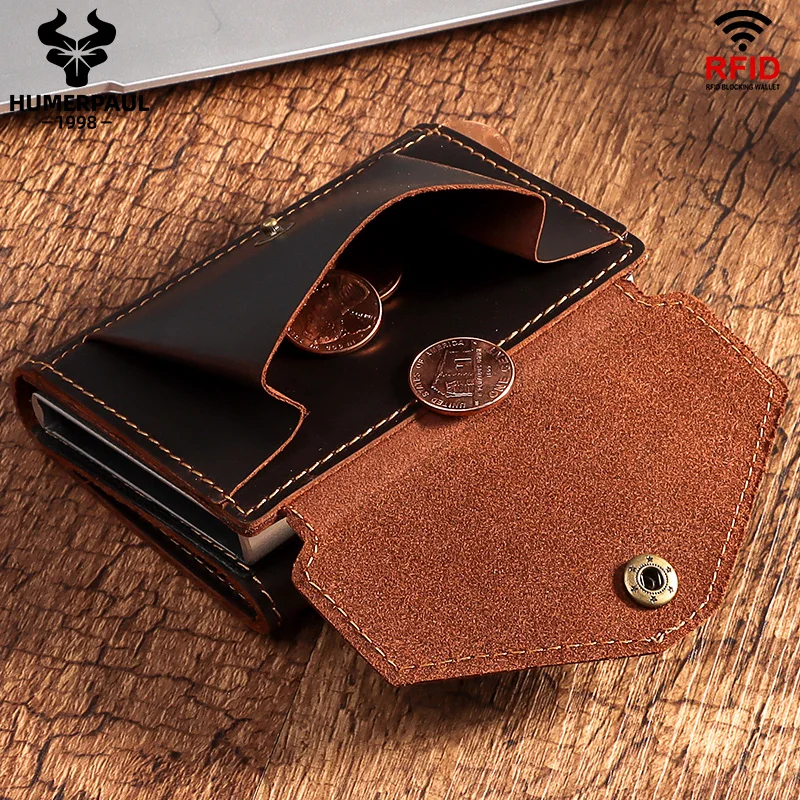 

HUMERPAUL Crazy Horse Leather Men's Coin Purse RFID Business Pop Up Aluminum Card Holder Wallet Anti-theft Bank Cardholder Case