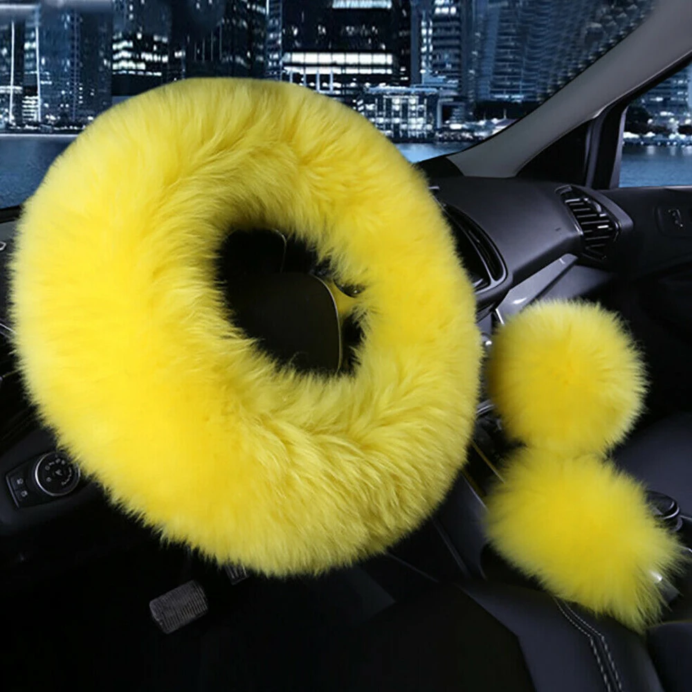 3pcs/Set Car Steering Wheel Cover Yellow Handbrake Gear Shifter Cover Plush Warm Fluffy Fuzzy Winter Car Accessories for Women