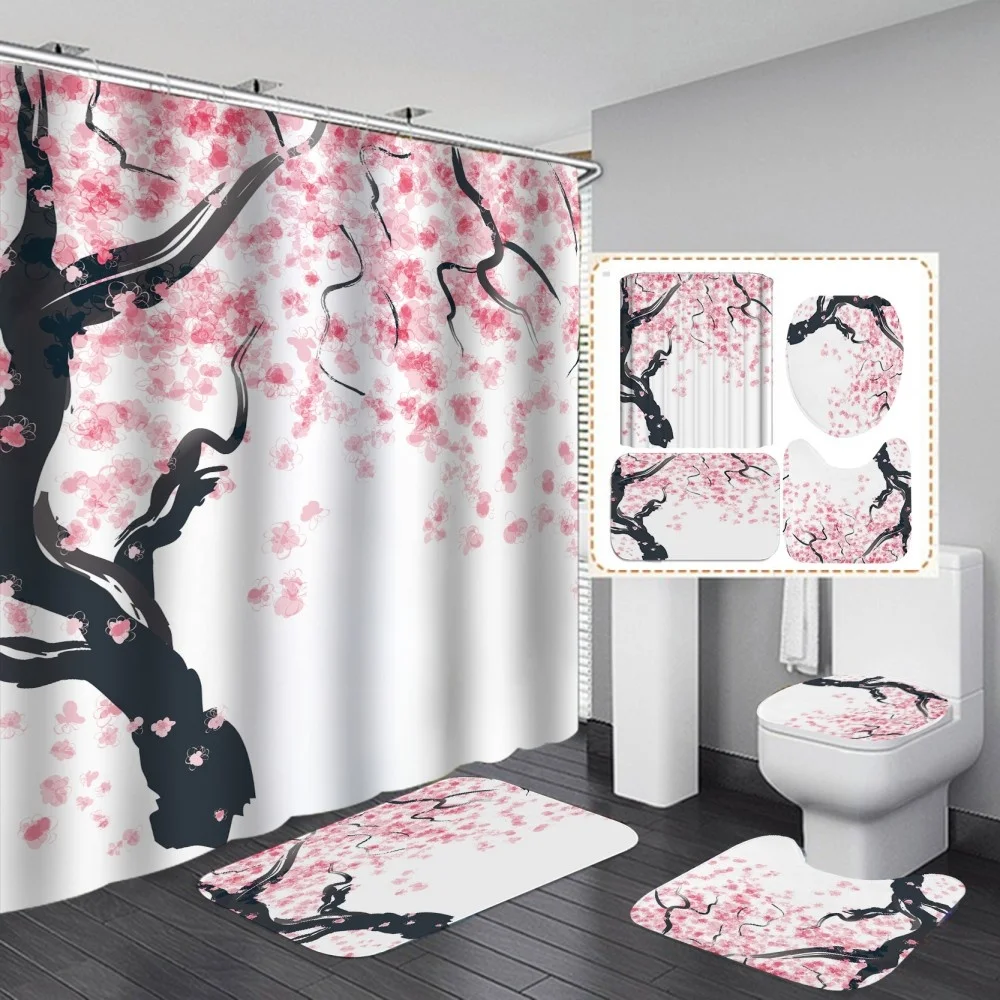 Pink Plum Flower Shower Curtain Elegant Romantic With Non Slip Rug Mat Bathroom Curtain Waterproof Polyester Home Decor 180cm