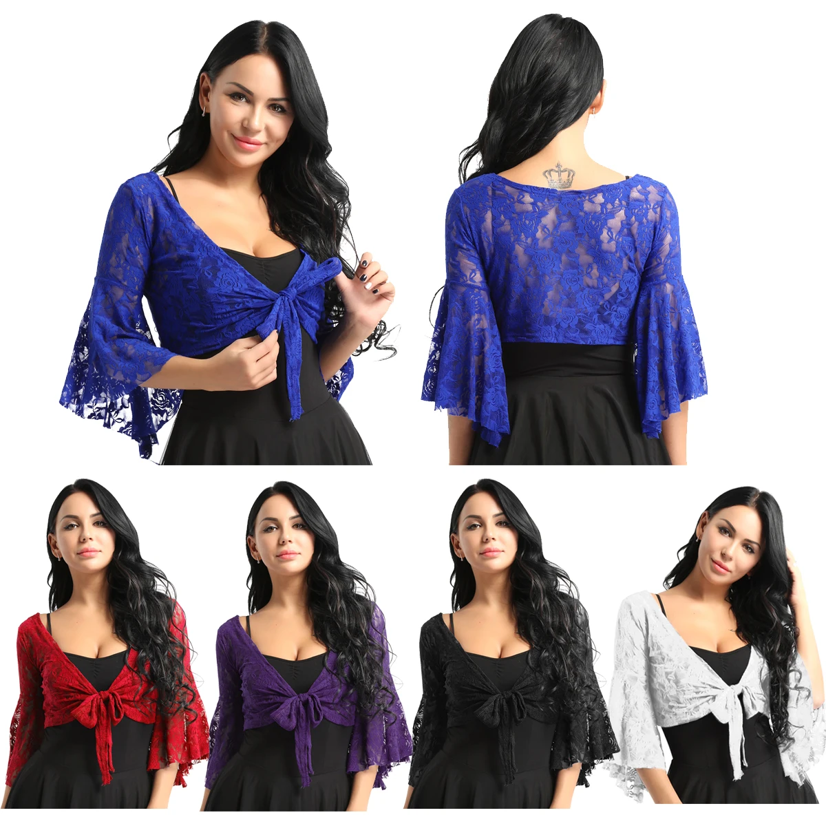 Womens Belly Dance Top Long Flare Sleeve Lace See-through Shrug Ballet Gymnastics Cover Up Cardigan Wraps Tops Dance Costumes