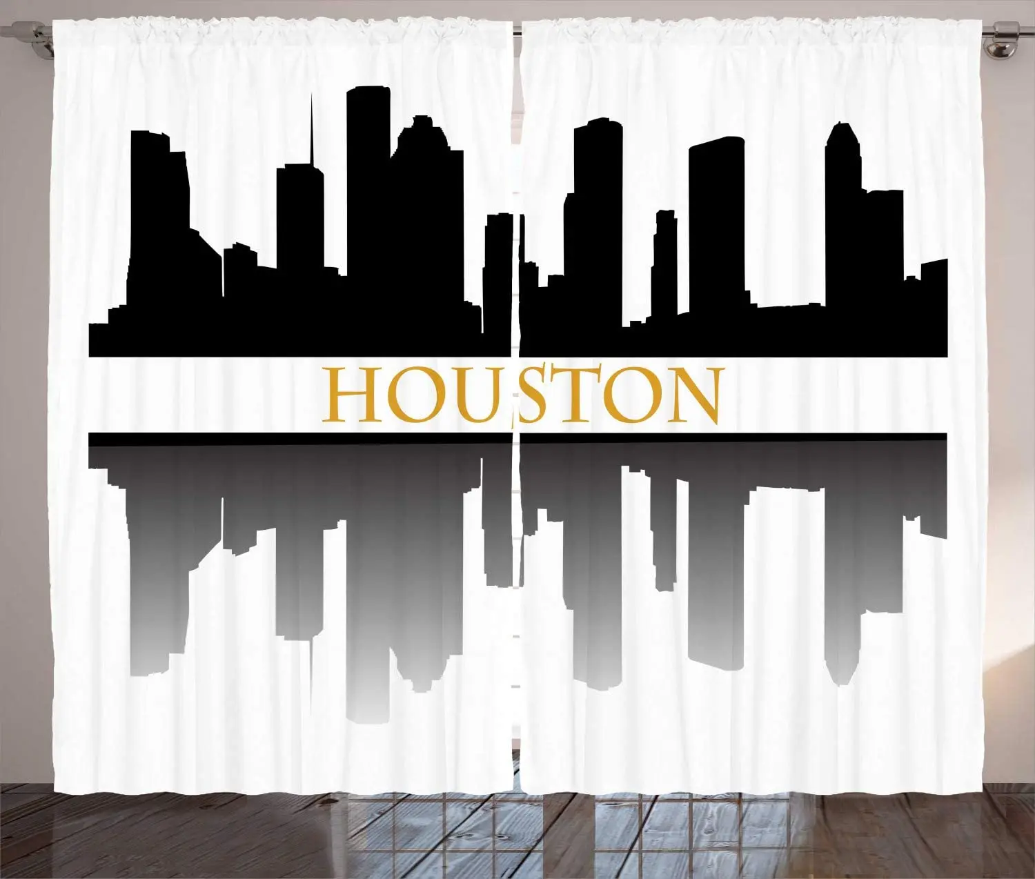 

White Black Dark Yellow Houston Curtains City Skyline Silhouette The Federal State Texas Reflection Bedroom Window Drapes