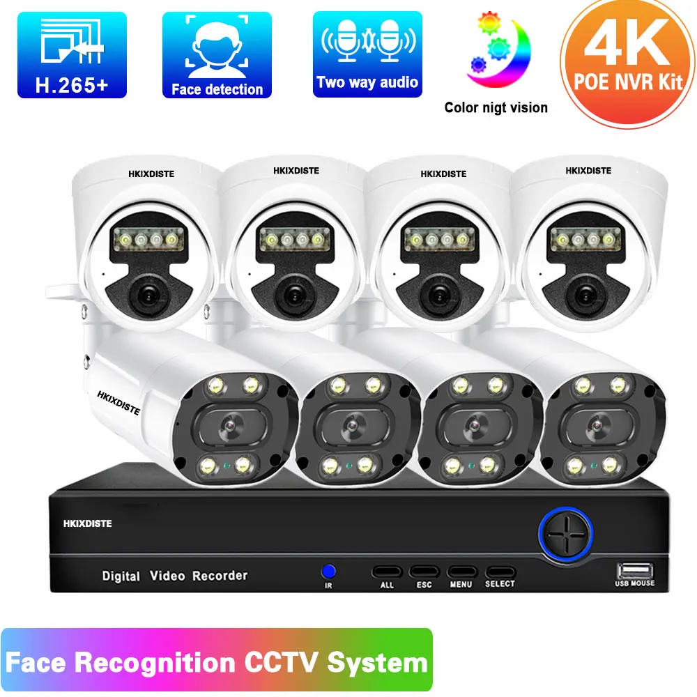 

8CH 4K POE NVR IP Camera System 2 Way Audio Ai Face Detection Security Camera Set Outdoor 8MP CCTV Video Surveillance Kit 4CH