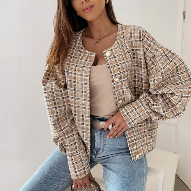 

Women's Jackets Coat Plaid Print Elegant O-neck Buttons Short Jackets Female Autumn Nice Vintage Korean Little Fragrant Coats