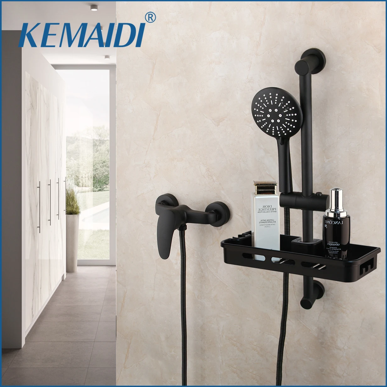 

KEMAIDI Matte Black Bathroom Rainfall Shower Faucet Set Shower Rail Kit w/ Shelf Wall Mounted Shower Systerm Hot Cold Mixer Tap